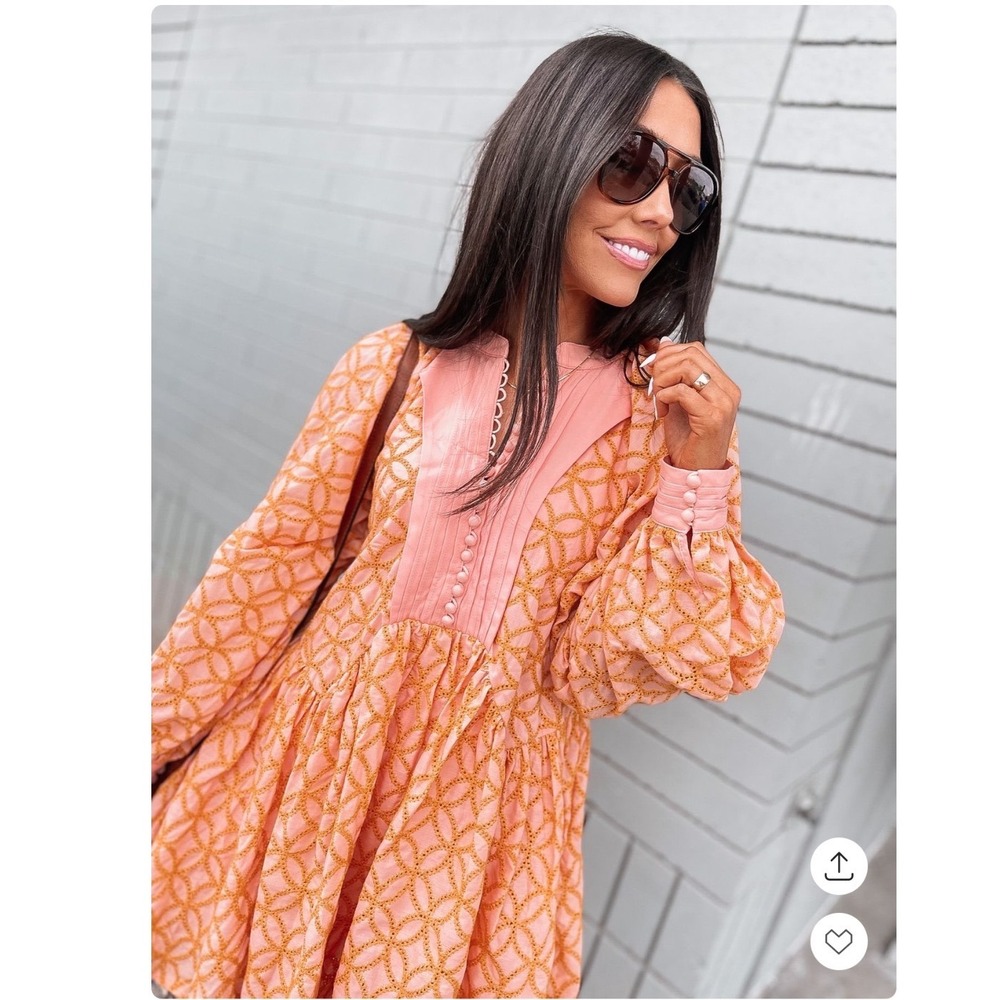Aox Women Peach Orange Geometric Mini Dress Long Sleeve Pleated Bib Size M NWOT - Picture 2 of 11
